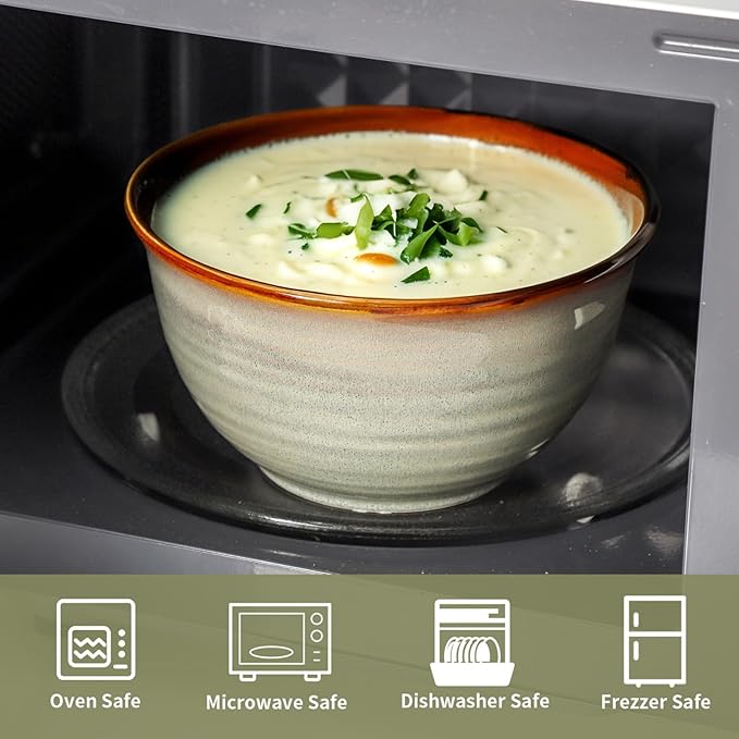 MEKY Soup Bowls, 40oz Large Deep Stoneware Cereal Bowls for Salad, Pasta, Popcorn - Dishwasher & Microwave Safe Set of 4, Elegant Stackable Porcelain Kitchen Dining Serveware, Brown