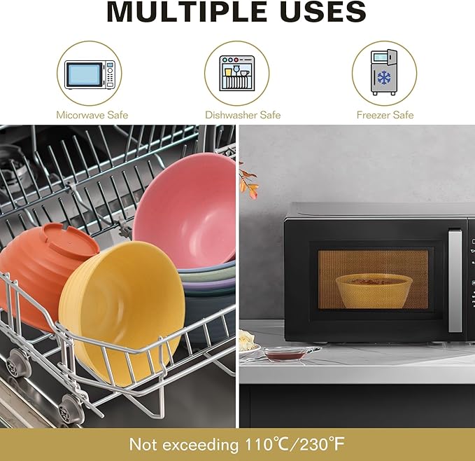 Wheat Straw Bowls, 34 Oz Large Microwave Dishwasher Safe Plastic Cereal Soup Bowls Sets of 8 Reusable, Unbreakable Deep BPA-Free for Ramen Salad Noodle, Multicolor