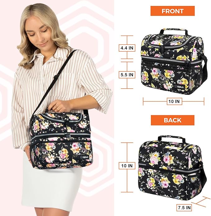 OPUX Lunch Box For Women, Insulated Large Lunch Bag Adult Work, Double Decker Lunchbox Meal Prep, Dual Compartment Leakproof Lunch Cooler, Soft Lunch Pail Tote for Girls Kids School, Floral Black 12L