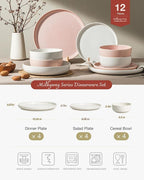 Famiware Milkyway Plates and Bowls Sets, 12 Pieces Dinnerware Sets, Reactive Glaze Dish Set, Stoneware Dishes Set for 4, Matte White & Light Pink
