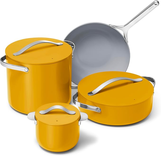 Caraway Cookware+ Collection - Specialty Cookware Set - Petite Cooker, Stir Fry Pan, Rondeau, & Stock Pot - 3 Lids & Storage Organizer Included - Marigold