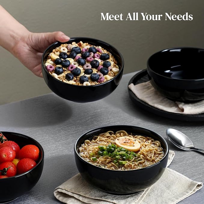 DOWAN 22 OZ Ceramic Soup Bowls & Cereal Bowls - 6" Classic Bowls Set of 4 for Soup, Cereal, Oatmeal, Fruit, Rice - Dishwasher & Microwave Safe (Black)