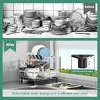 MOUKABAL Dish Drying Rack - 2 Tier Stainless Steel Dish Rack, Dish Racks for Kitchen Counter, Drying Rack Kitchen with Removable Utensil Holder and Drainboard (Black)