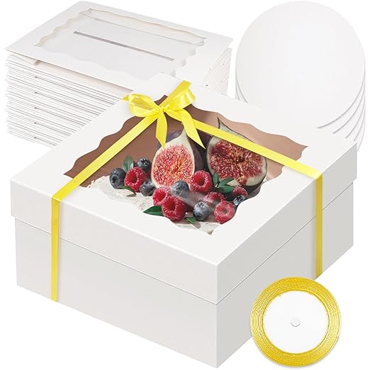 qiqee 12x12x6 Cake Box, 18 Sets White Cake Box with Window ＆ 18 Sets 12" White Cake Round Boards, 12inch Cake Containers, 10 Meters Gold Silk Ribbon