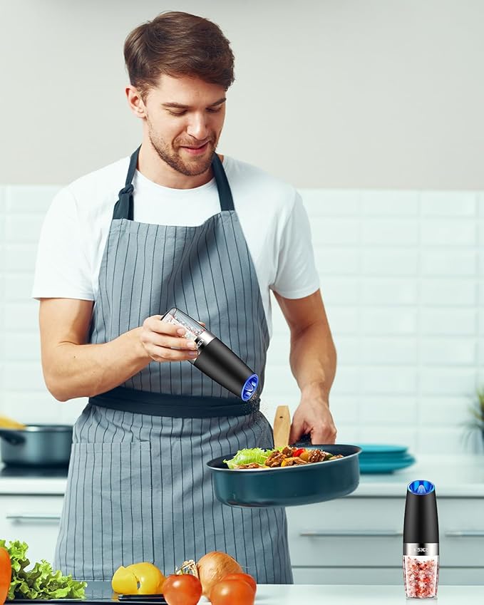 XinXu Gravity Automatic Electric Pepper and Salt Grinder, Auto Salt or Pepper Mill Shaker Stainless Steel,Blue LED Light,One Hand Operated, Black
