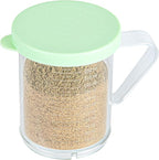 Restaurantware RW Base 10 Ounce Clear Plastic Dredge Spice Shaker 1 Reusable Dry Rub Shaker - Includes Green Perforated Lid With Handle Clear Polycarbonate Spice Shaker For Fine Seasonings