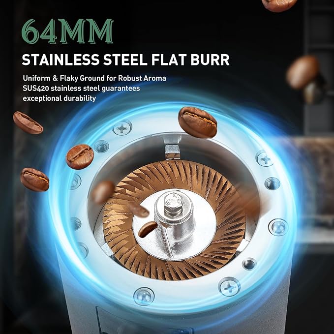 Huanyu Professional Coffee Grinder Adjustable RPM, Time-Based Dosing, Stainless Steel Flat Burr with 8 Stepless Grinding Settings