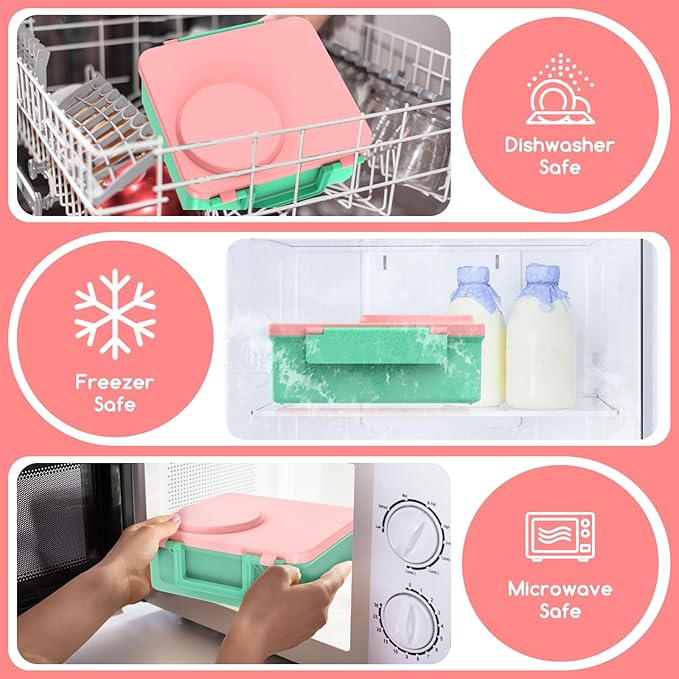 Bento Box for Kids - Leak-Proof Lunch Box with Insulated Thermos Food Jar - 4 Compartments, 1 Removable Divider, 1Spoon, 1 Fork - Dishwasher Safe, BPA-Free (Light pink)