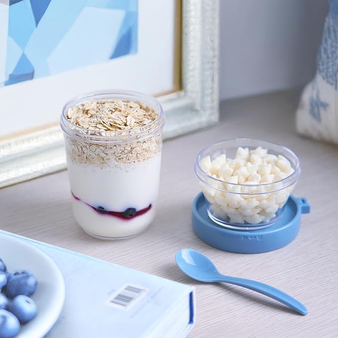 Felli On the Go Yogurt Parfait Snack Cup with Lid 100% Leak Proof, Reusable Travel Container with Spoon + Fruit & Granola Holder for To Go Cereal, Overnight Oats, Chia Pudding Jar (2, Blue Moon)