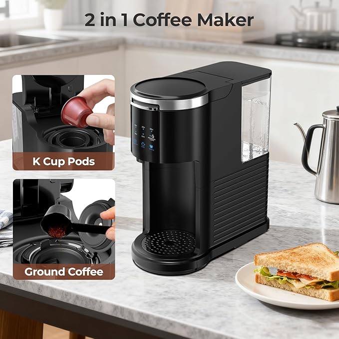 Single Serve Coffee Maker for 2 in 1 K Cup Pods & Ground Coffee,6 to 14 Oz Brew Sizes,40oz Removable Water Tank,Compact Portable Coffee Machine for Home,Black