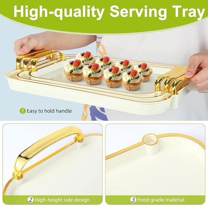 3 Pack Serving Tray with Handles, Stackable Reusable Trays for Serving Food, Plastic Serving Platters for Party, Charcuterie, Fruit, Appetizer, Cream Gold