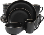 Gibson Home Rockaway Round Stoneware Dinnerware Set, Service for 4 (16pcs), Black/Gold Rim