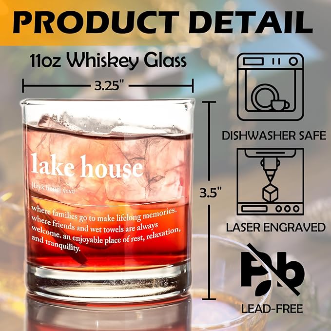 kunlisa Lake House Gifts Decor Whiskey Glasses, Lake Life Gifts for Women Men, 10 oz Drinking Rocks Glasses for Women Men Whisky Cocktail Scotch Bourbon Liquor