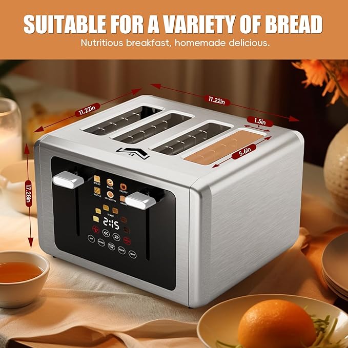 4 Slice Toaster, Touchscreen & Dual Independent Control Panel，5 Basic Functions & Digital Countdown Toasters, 6 Shade Settings＆6 Bread Types, Smart Bread Maker Mute/Screen-Off,White