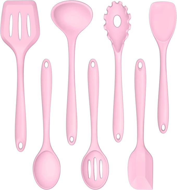 TeamFar Silicone Cooking Utensil Set of 7, Kitchen Nonstick Tools Turner Spoon Spatula Ladle Pasta Server for Nonstick Cookware, Healthy & One-Piece, Anti-Heat & Dishwasher Safe - Pink