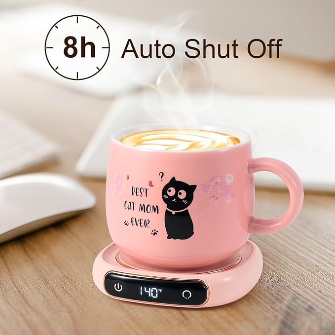 Bsigo Coffee Mug Warmer & Best CAT MOM Ever Mug Set, Electric Candle Mug Warmer 8H Auto Shut Off, Home & Office Beverage Cup Coffee Warmer for Desk, Cat Lover Mom Sister Birthday Women Mothers Day