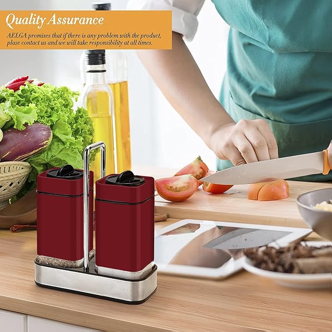 Red Salt and Pepper Shakers Set with Holder, Salt Shaker with Adjustable Pour Holes, Stainless Steel Refillable Spice Dispenser by Aelga