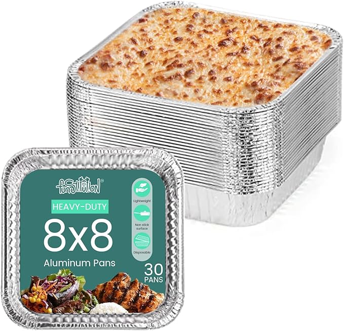 FUNSTITUTION Aluminum Foil Pans 8x8 Inches (30 Pack) - Tin Foil Pans with High Heat Conductivity - Disposable Aluminum Tray Cookware For Baking, Grilling, Cooking, Storing, Prepping