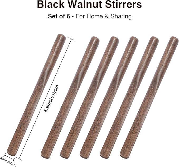 Black Walnut Wood Coffee Stirrers, 6Pcs 6 Inch Reusable Stir Sticks for Coffee, Tea, Milk, Espresso, Peanut Butter Spreader, Multifunctional Wooden Stirrers with Smooth Finish (Brown, 6pcs)
