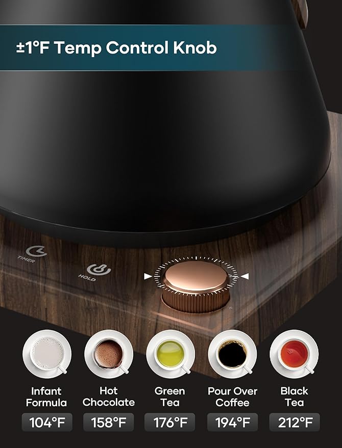 Electric Kettle, Gooseneck Electric Kettle, ±1℉ Precise Temperature Control, Stainless Steel Interior, Quick Heating for Pour Over Coffee, Tea & Boiling Water, 0.9L (Onyx Black)