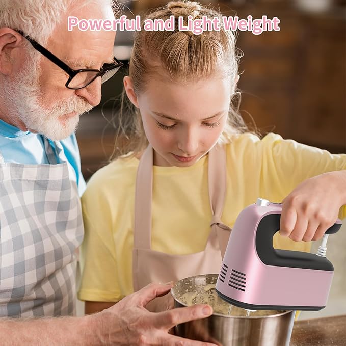 9-Speed Digital Hand Mixer Electric, 400W Powerful DC Motor, Baking Mixer Handheld with Snap-On Storage Case, 5 Stainless Steel Accessories, Flat Beaters, Dough Hooks, Whisk (Rose Gold)