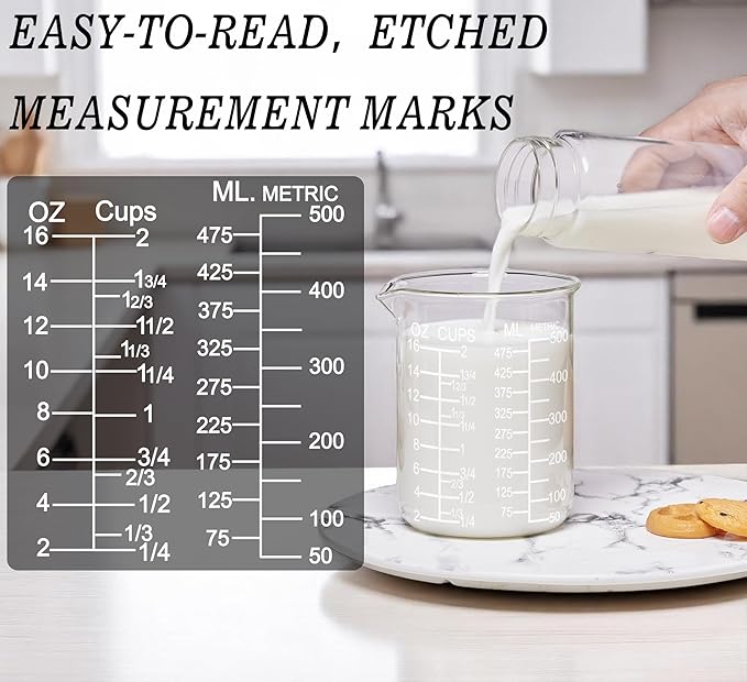 Ackers Etching Scale Glass Measuring Cup Set, Includes 1-Cup(8OZ),2-Cup(16OZ), and 4-Cup(32OZ) Liquid Measuring Cups, Dishwasher, Freezer, Microwave, and Preheated Oven Safe, Essential Kitchen Tools