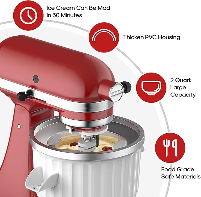 Ice Cream Maker Attachment for Kitchenaid Stand Mixers, Compatible with 4.5Qt to 7Qt for Kitchenaid Mixers, 2-Quart Capacity, Sorbet Gelato & Ice Cream Maker for Kitchenaid Mixer Attachments, White