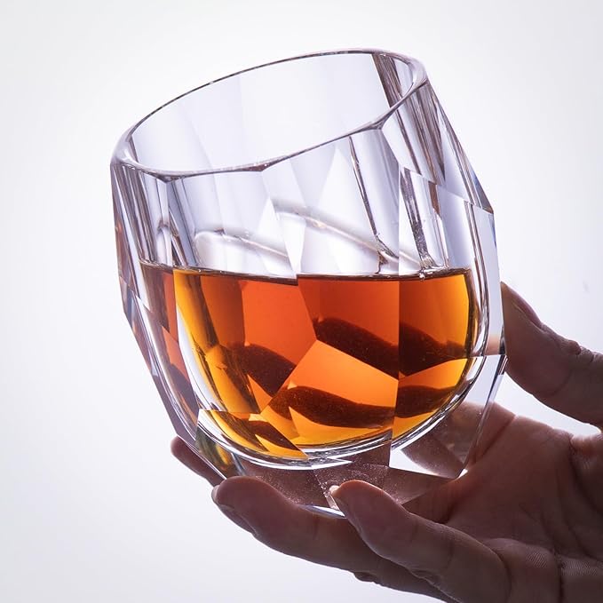 KAMMAK Geometric Faceted Whiskey Glass Modern Crystal Tumbler with Thick Stable Base 7.78 oz Lead-Free Elegant Barware for Scotch, Bourbon, Cocktail, Wine - Ideal Gift & Modern Home Drinkware