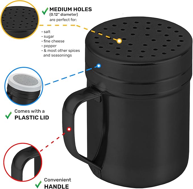 CUSINIUM 10oz Black Stainless Steel Salt Pepper Dredge Shakers - With Plastic Cap - With Handle - Pack of 2