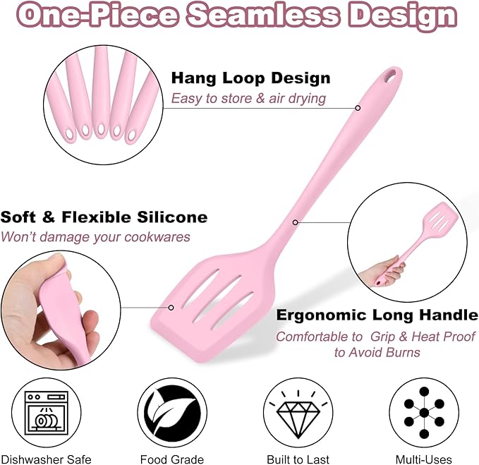 TeamFar Silicone Cooking Utensil Set of 7, Kitchen Nonstick Tools Turner Spoon Spatula Ladle Pasta Server for Nonstick Cookware, Healthy & One-Piece, Anti-Heat & Dishwasher Safe - Pink