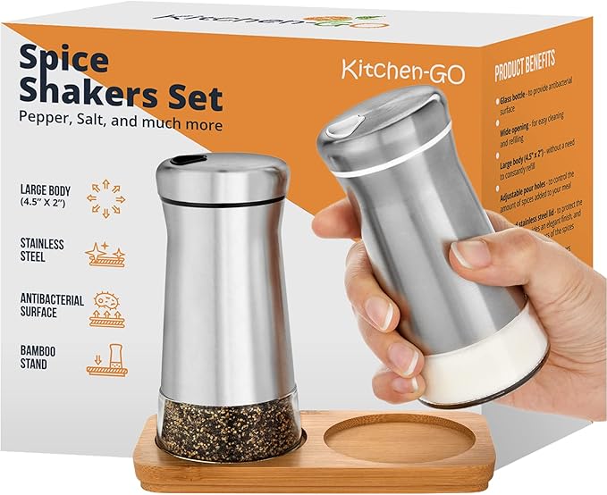 Salt and Pepper Shakers set with Adjustable Pour Holes - Elegant Stainless Steel Spice Dispenser - Perfect for Himalayan, Table Salt, White and Black Pepper (Salt & Pepper Shakers Set + Bamboo Stand)