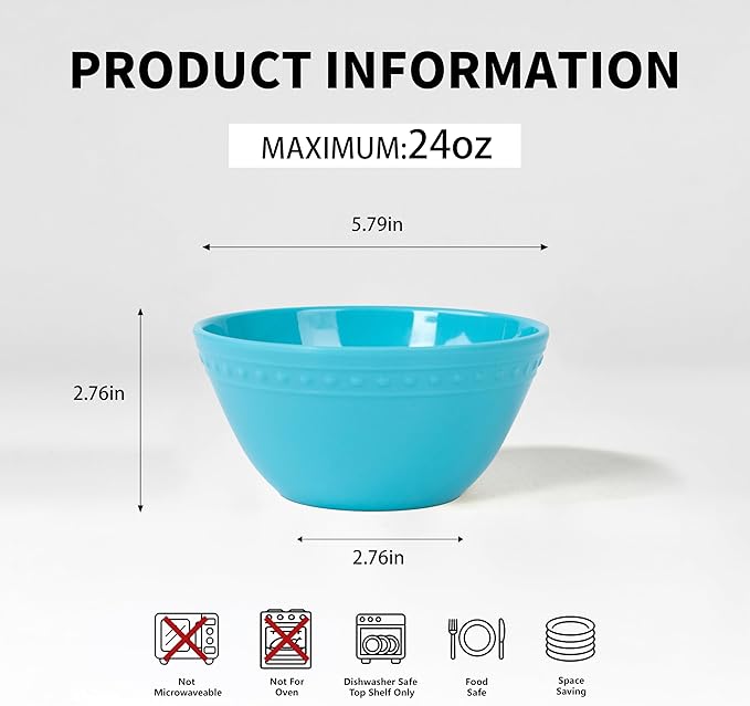 Melamine Beaded Cereal Bowls Set Aqua, 6 inch, 24oz All purpose/Soup/Salad Bowls Set of 6, Unbreakable Durable, Dishwasher Safe, BPA Free - Perfect for Soups, Salads, Cereal & Entertaining