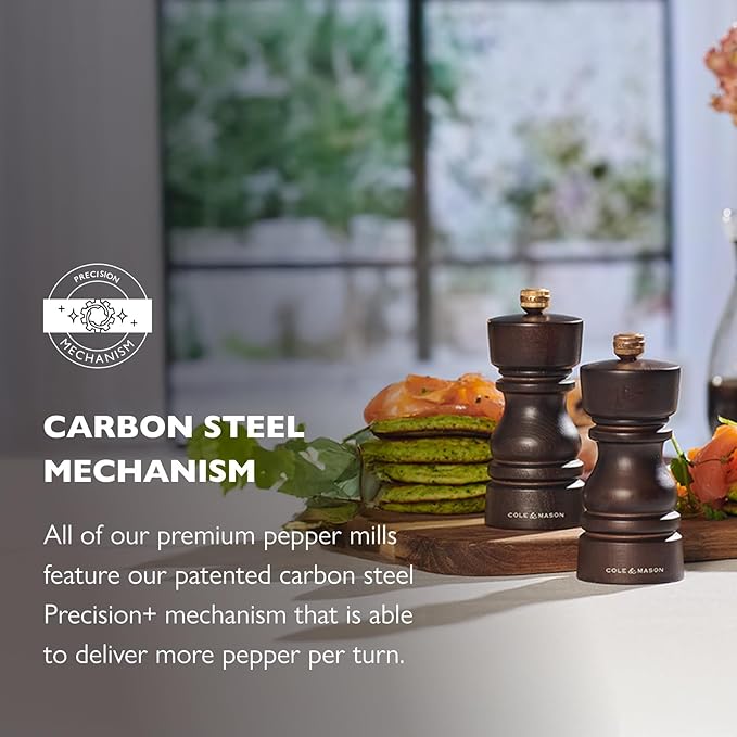 Cole & Mason London Refillable Spice Mill - Kitchen & Home Accessory - Table Black Pepper Grinder - Pepper Mill with Carbon Steel Mechanism - 5", Chocolate Wood