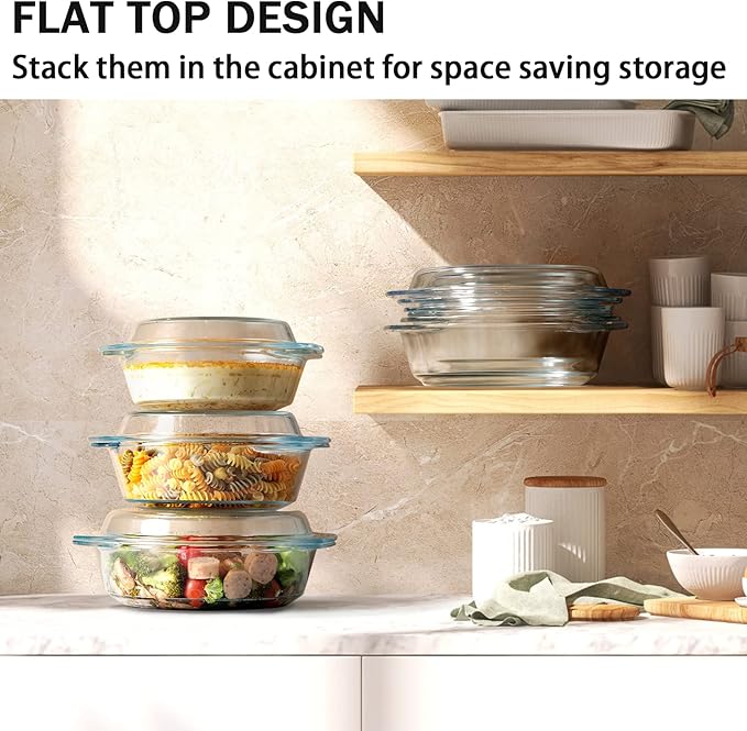 NUTRIUPS Round Glass Casserole Dish Set, Glass Casseroles Cookware with Lid, Set of 3 (1L, 1.4L, 1.7L)