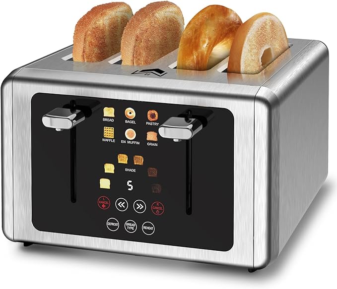 4 Slice Toaster, Touchscreen & Dual Independent Control Panel，5 Basic Functions & Digital Countdown Toasters, 6 Shade Settings＆6 Bread Types, Smart Bread Maker Mute/Screen-Off,Brushed steel