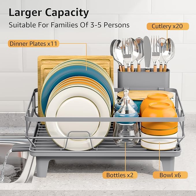 Dish Drying Rack for Kitchen Counter, Space-Saving Dish Rack, Multifunctional Dish Drainer Rack, Sink Kitchen Dishes Strainer, Dryer Rack with Drain Board, and Cutlery Holder,Small Size Gray