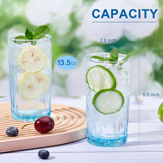 REATIVELAND Solid Color Drinking Glasses Set of 6, 13.5 OZ Wind-blown Ripples Glass Tumbler Glassware for Water, Juice, Different Options for Home, Restaurant, Hotel, Bar, Blue