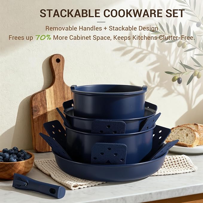 Ammeloo 18-Piece Ceramic Pots and Pans Set Non Stick, Non Toxic Cookware Set with Removable Handles, Pot Sets for Cooking, Induction Ready, Dishwasher & Oven Safe, PFAS PFOA & PTFE Free Navy Blue