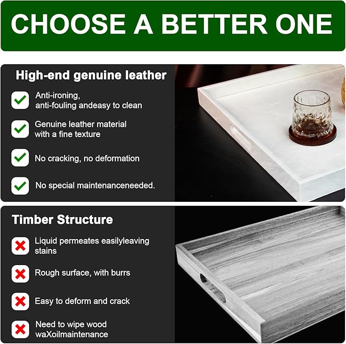 20 * 20 inches Leather Rectangle Serving Tray with Hole Handles,High-End Light Large Service Tray for Ottoman Tray, Tea, Food, Butler - Countertop, Kitchen,Family Dinner, Picnic(White)