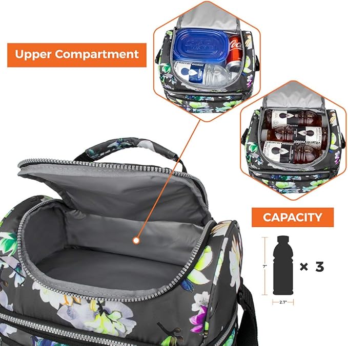 OPUX Lunch Box For Women, Insulated Large Lunch Bag Adult Work, Double Decker Lunchbox Meal Prep, Dual Compartment Leakproof Lunch Cooler, Lunch Pail Tote for Girls Kids School, Floral Gray 16 Cans