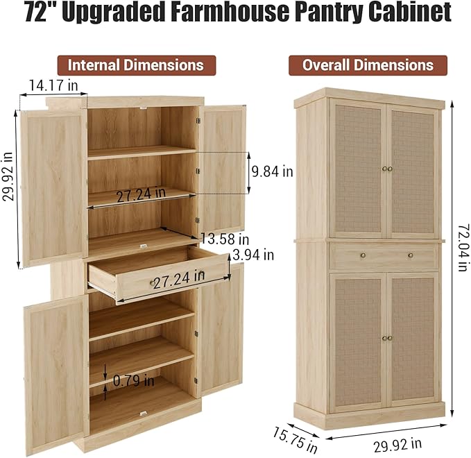 72" Tall Freestanding Pantry Cabinet, Farmhouse Wooden Storage Cupboard with 4 Doors (Barn Doors), 1 Drawer & Adjustable Shelves, Rustic Tall Cabinet for Kitchen, Dining Room, Living Room
