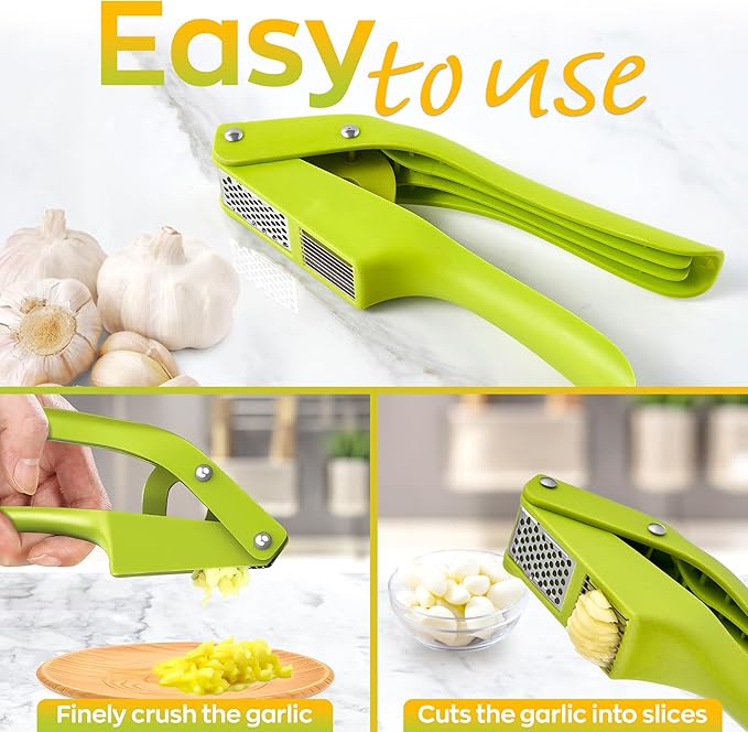 2 in 1 Garlic Slicer and Mincer - Multipurpose Garlic Press and Slicer, Stainless Steel and Durable Plastic, 7.6 x 1.7 x 2.5" Convenient Size, Easy to Use and Clean, Good for Home & Commercial Use