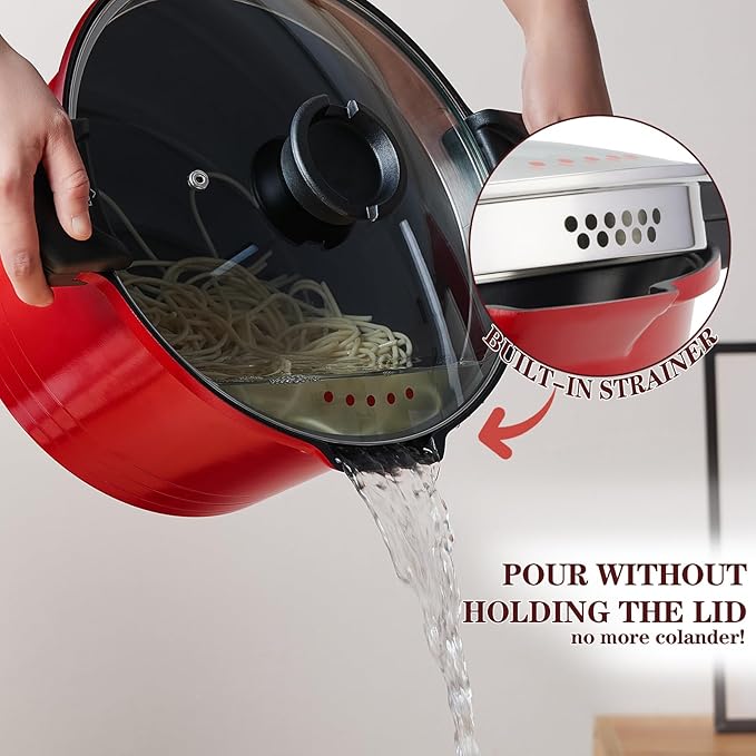 ACTIV CUISINE 8.5qt Pasta Pot with Strainer Lid, Cast Aluminum Stockpot Multipot, Nonstick Ceramic Coating make Cleanup easy with Tempered Glass Lid, Dishwasher Safe, Induction, Red