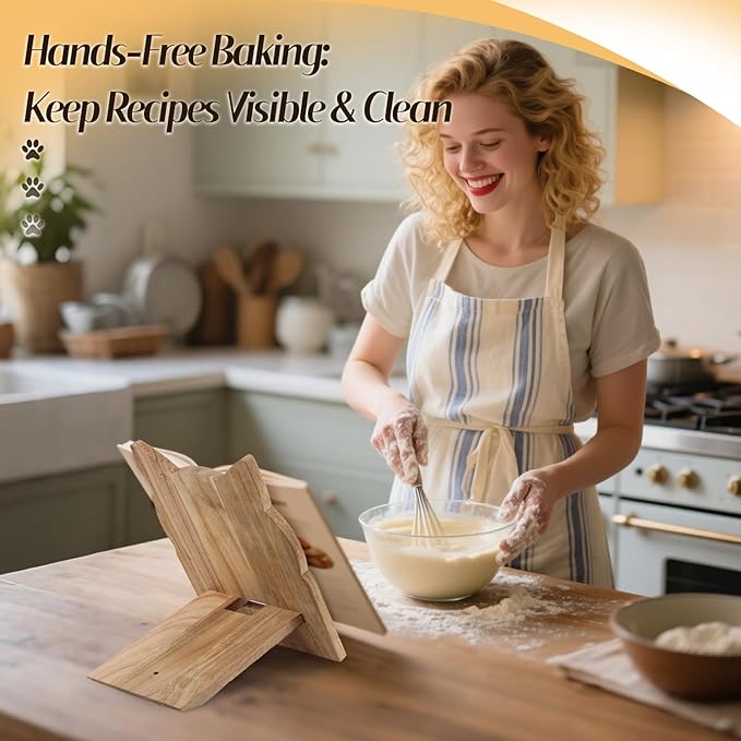 Wood Cookbook Stand for Kitchen Counter Cat Shaped Recipe Holder Book Shelf iPad Support Music Rest