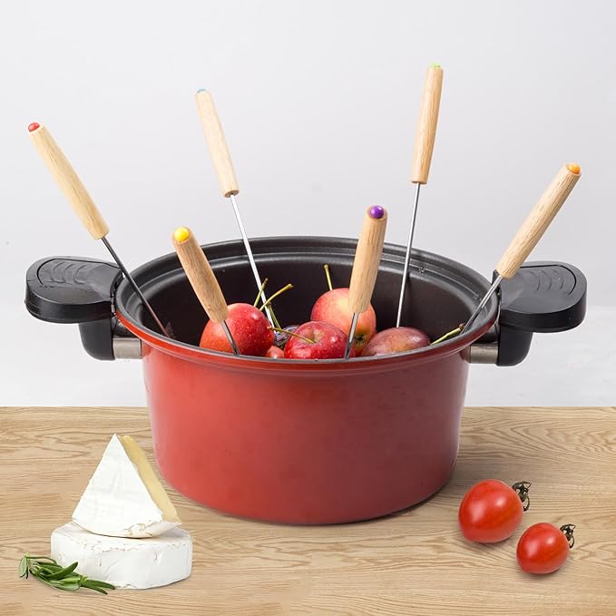 12PCS 9.5 Inch Color-Coded Wood Fondue Forks, Stainless Steel Fruit Fondue With Heat-Blocking Handle for Chocolate Fountain and Cheese