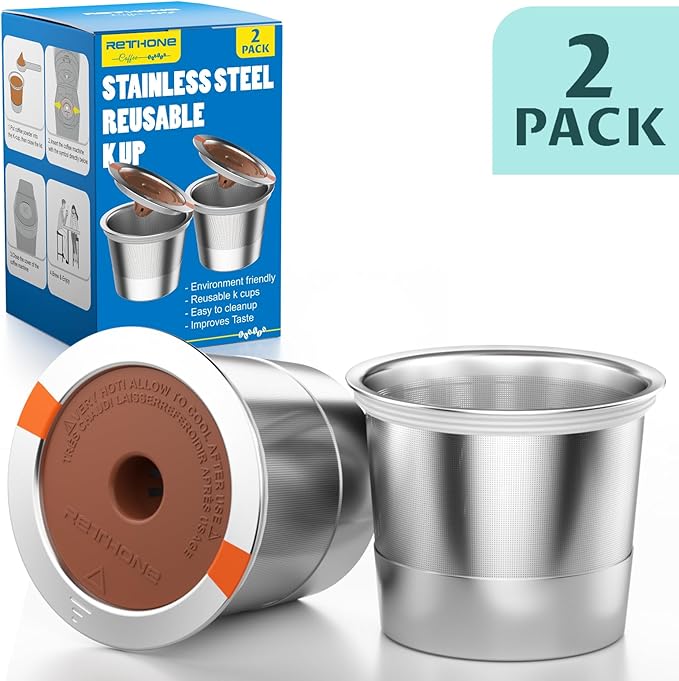 RETHONE K Cup Reusable Coffee Pods, Stainless Steel Reusable K Cups Compatible with Keurig 1.0 & 2.0 Coffee Machines Brewers Refillable K Cups (2 Pack)