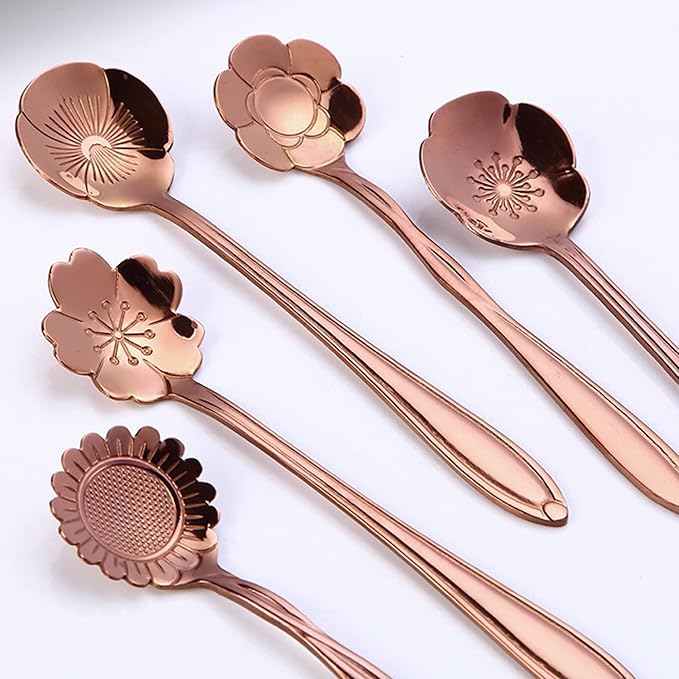 9 Pcs Flower Spoon Coffee Teaspoon Set, ESRISE Stainless Steel Tea Spoon for Tea Party Decorations (Rose Gold)