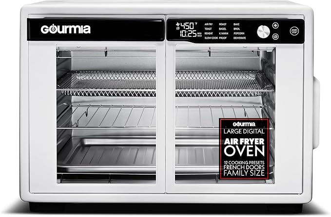 Gourmia French Door Digital Air Fryer Oven - 25-Quart XL Capacity, 12 Presets, Touchscreen, FryForce 360° Tech, Dehydrate, Proof, Slow Cook, Fits 13” Pizza, 1700W, White