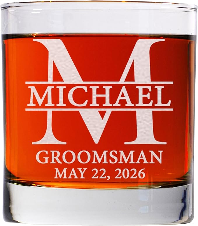 Single, Personalized Whiskey Glass For Groomsman Gifts, Best Man, Groom, 11oz Old Fashioned Custom Monogrammed Whiskey Glass