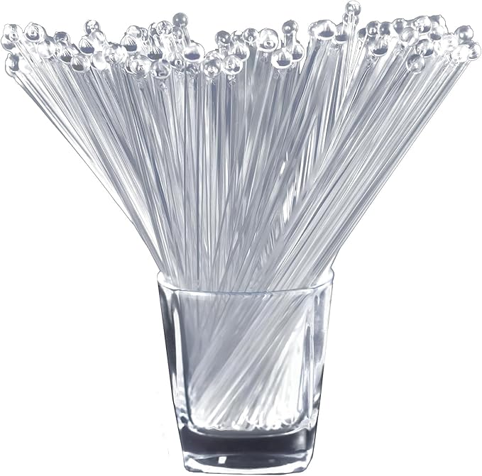 100 Pieces Disposable Plastic Round Top Clear Swizzle Sticks, Crystal Cake Stick, Cocktail Coffee Drink Stirrers 7.24 Inch (Transparent)